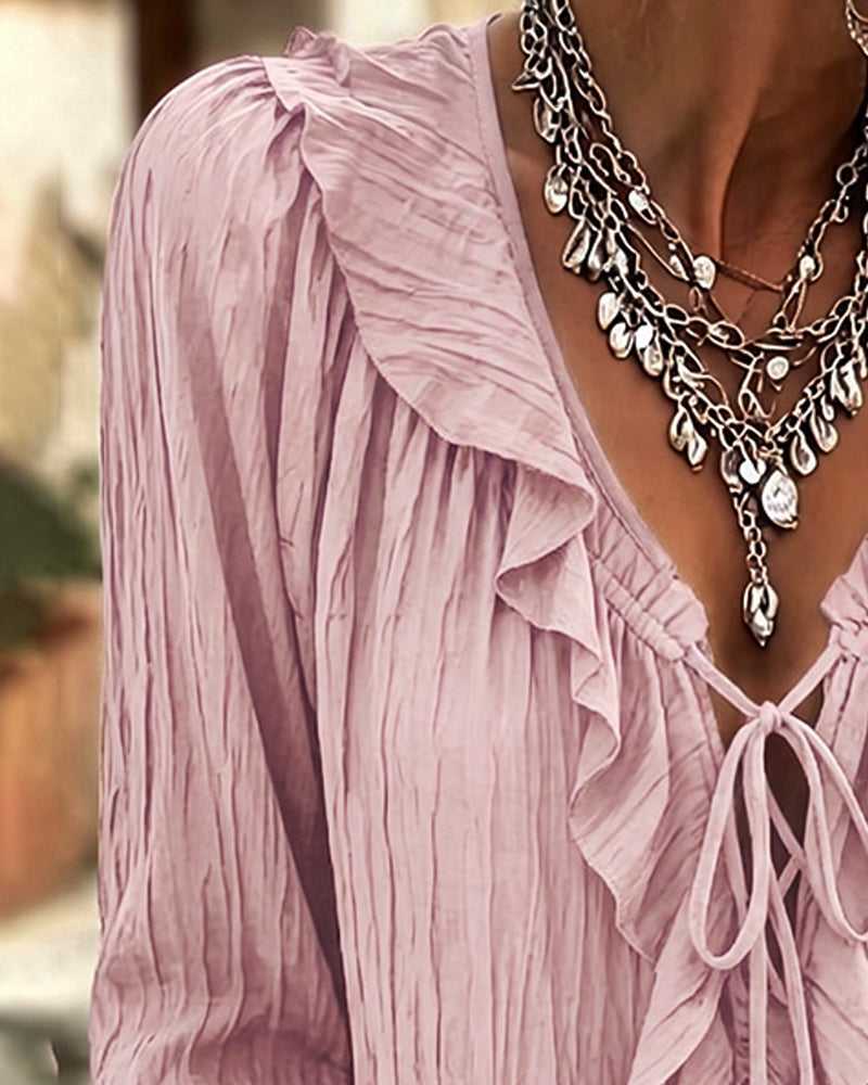 Bluse Ruffle Trim Knyting Lang Erme