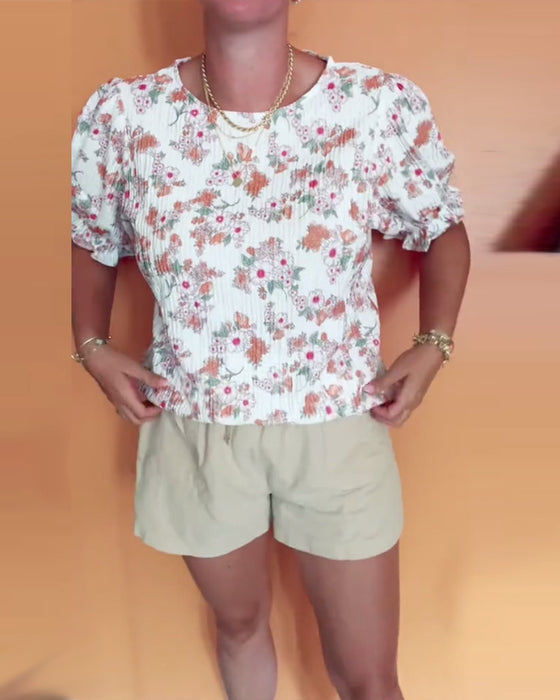 Bluse Rund Hals Blomstret Kort Erme