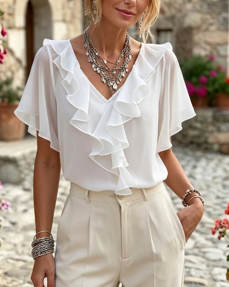 Bluse V-Hals Ruffet Enfarget