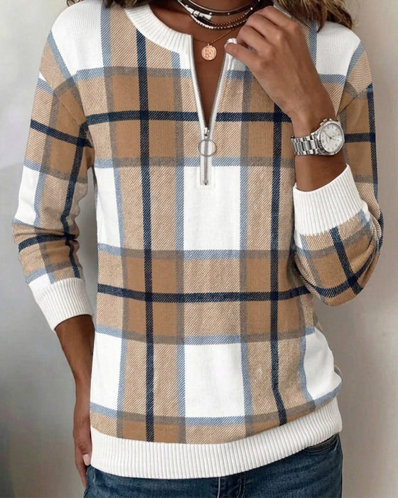 Sweatshirt Rutete Halvglidelås Rund Hals Pullover