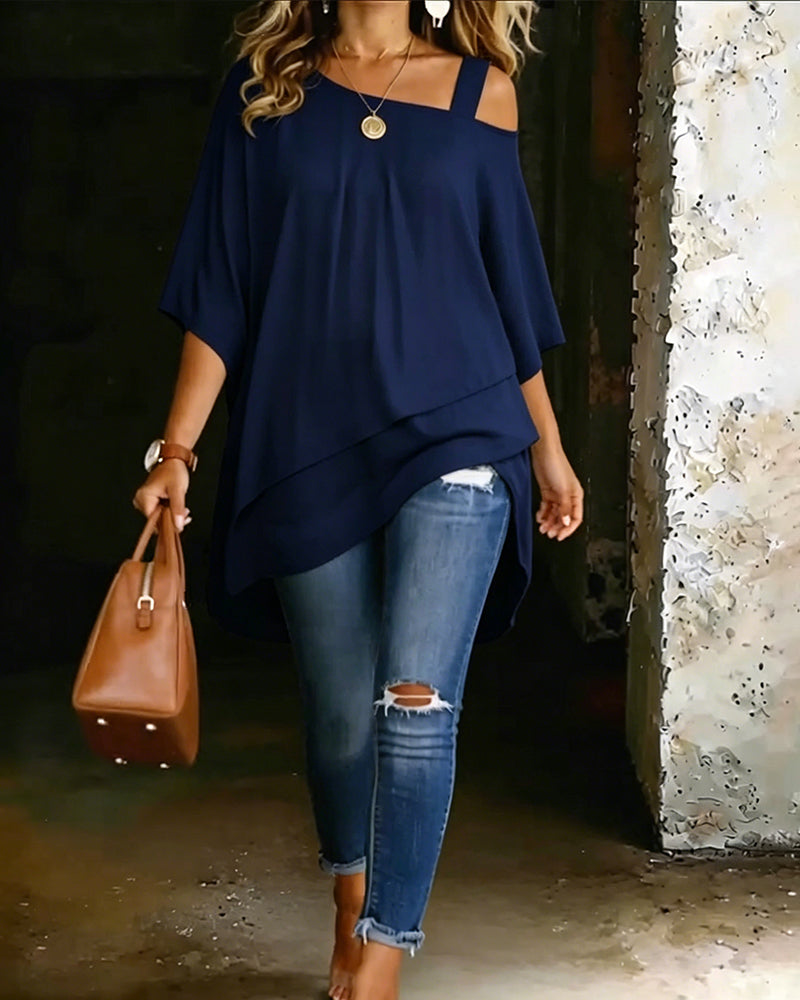 Bluse Asymmetrisk Cold Shoulder Ensfarget Avslappet