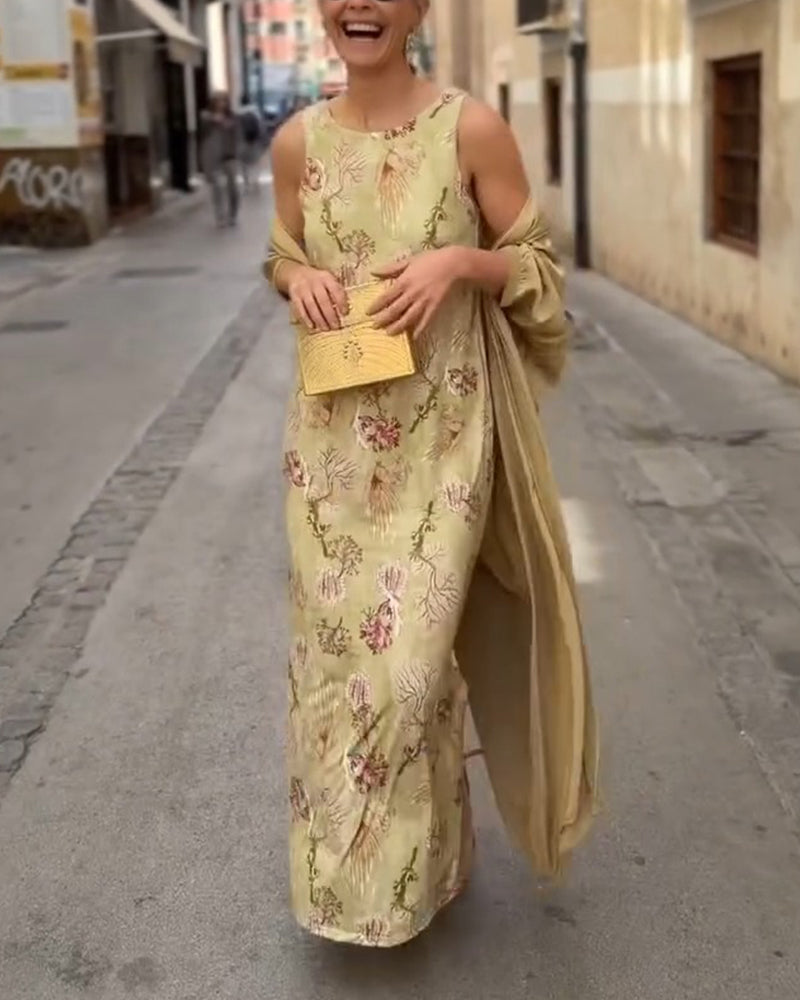 Sett Ermeløs Maxi Kjole + Matchende Cardigan