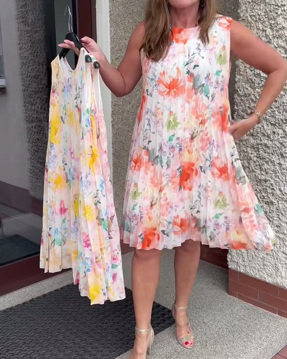 Kjole Ermeløs Plissert Blomstret