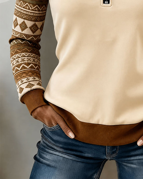 Sweatshirt Halv Glidelås Fargeblokk Vintage Patchwork