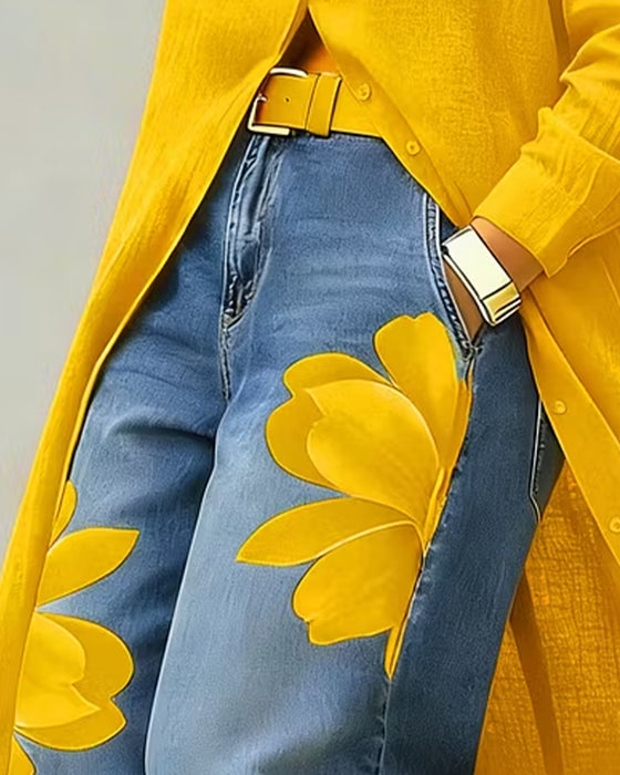 Blomstertrykte Jeans Korte Bredbeinte
