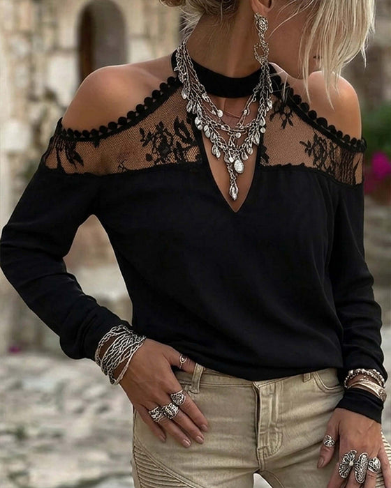 T-Shirt V-Hals Blonder Patchwork Off-Shoulder