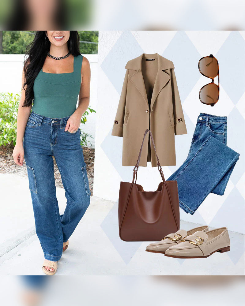 Jeans Dame Høy Midje Cargo Bredt Ben Stretch