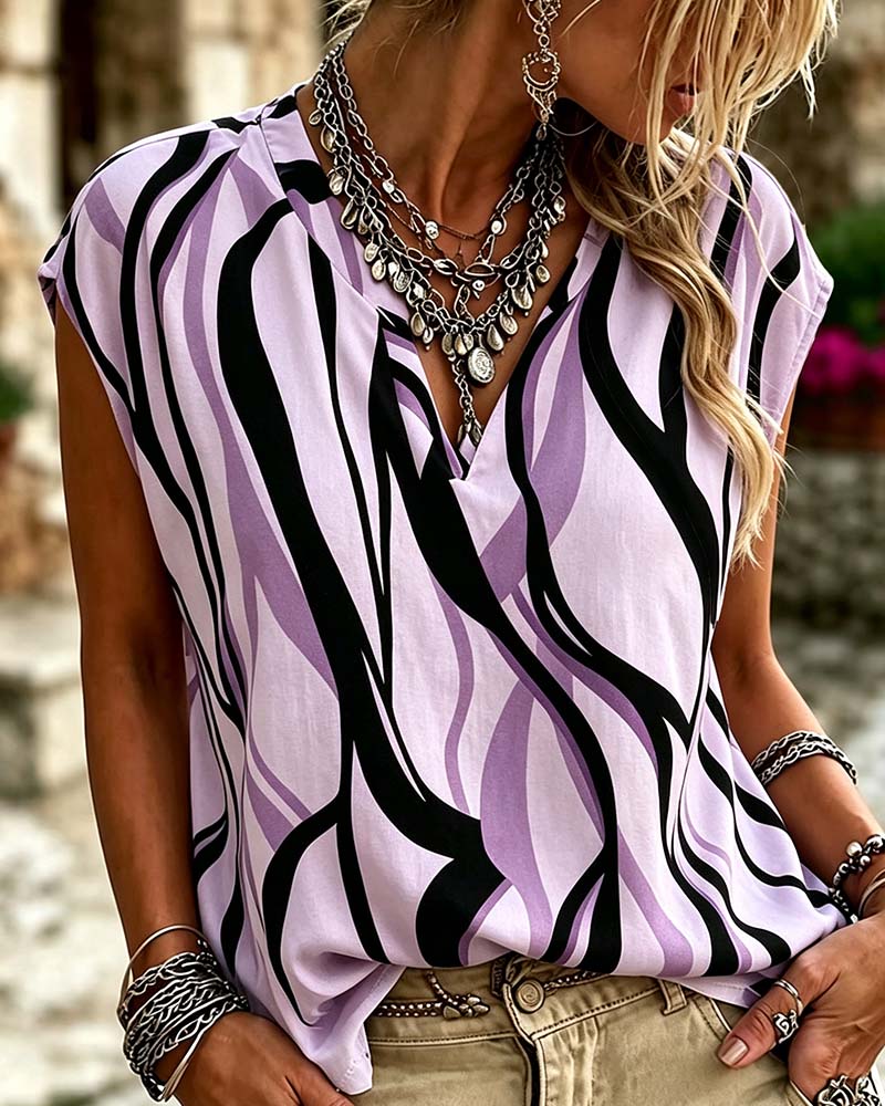 Bluse V-Hals Stripe Ermeløs Avslappet