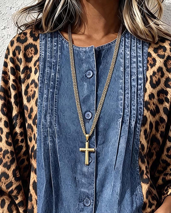 Bluse Rund Hals Knapp Leopard Denim Patchwork