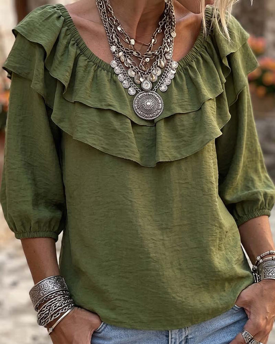 Bluse Dobbelt Lag Ruffle Tre Kvarter Erme