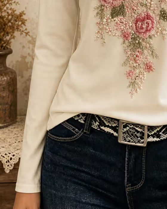 T-Shirt Lang Erme V-Hals Blomstret