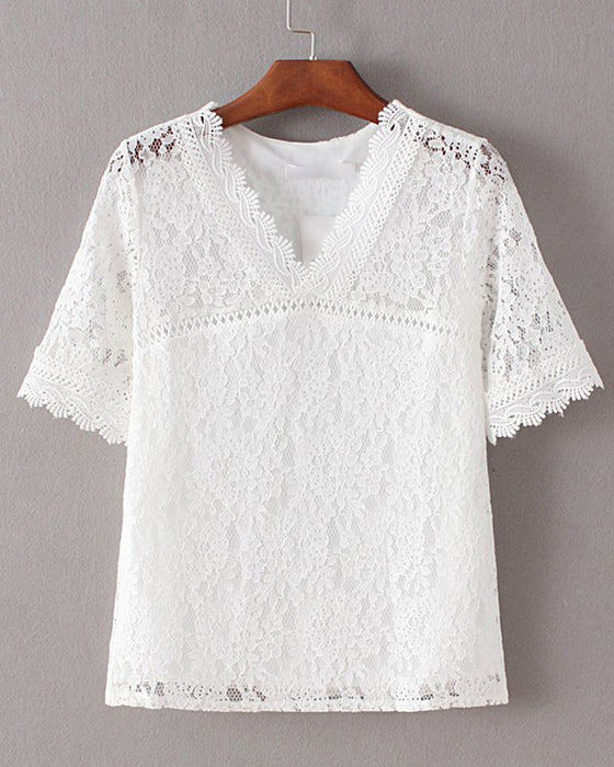Ensfarget Bluse Kortermet Med Blonder