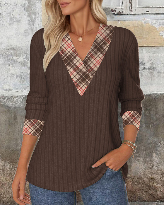 Genser V-Hals Panelt Rutet Strikket