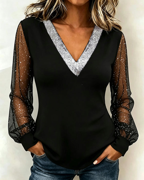Bluse Stilig V-Hals Patchwork Lang Erme