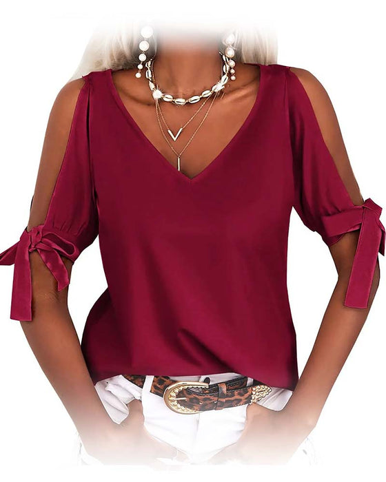 Bluse V-Hals Cold Shoulder Sløyfe Ensfarget