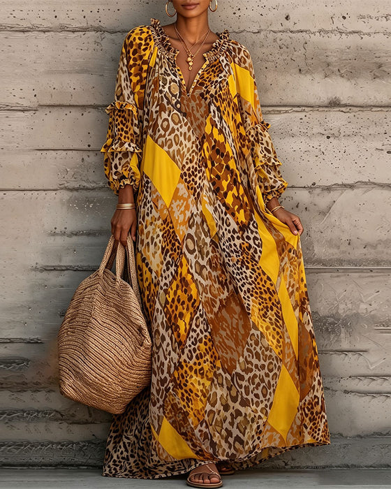 Kjole Leopard Fargeblokk Ruffle V-Hals