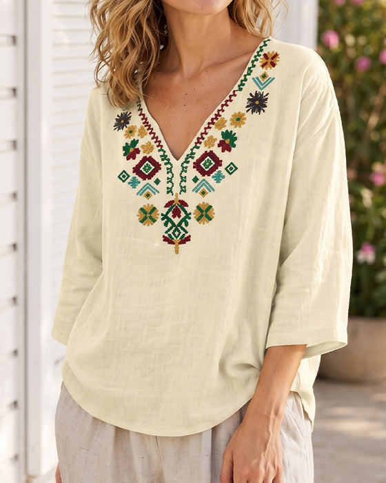Bluse V-Hals Bohemisk Trykt