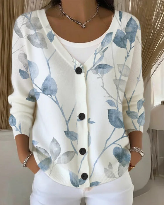 Pullover V-Hals Knapp Blad Trykk