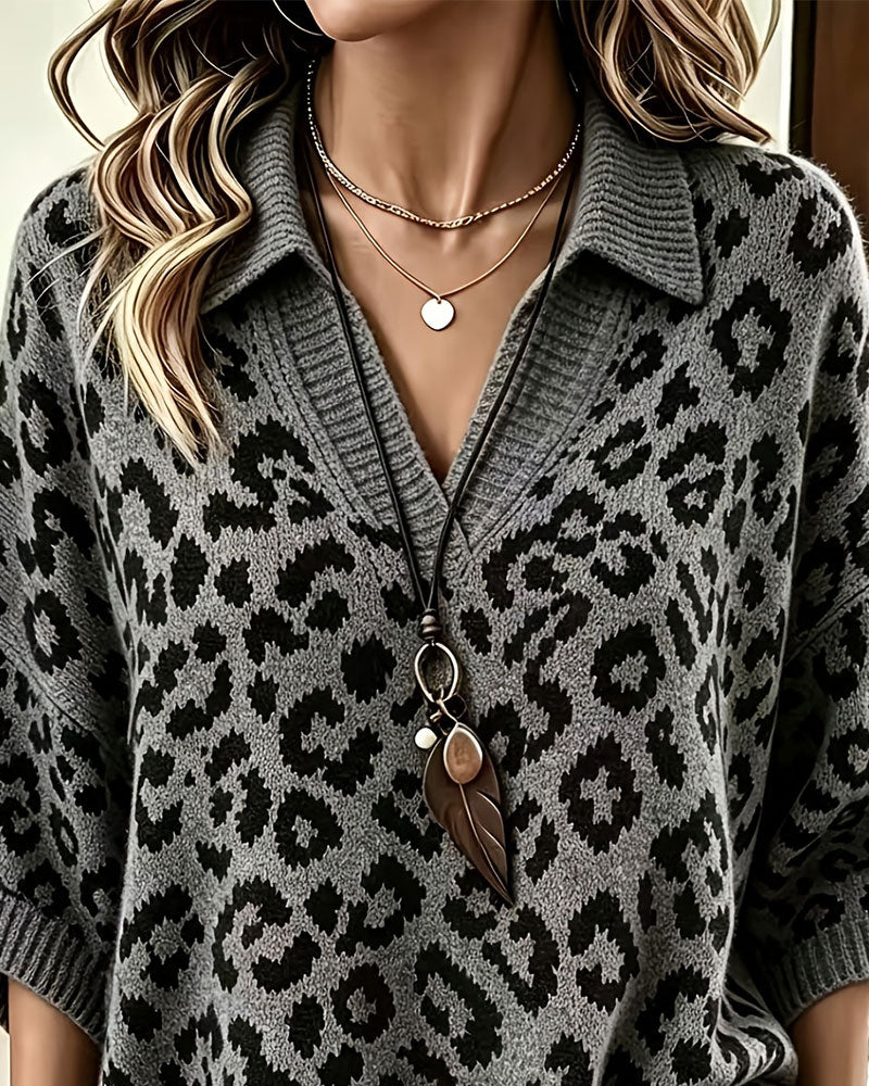 Pullover Krage V-Hals Leopardmønster Halvarm Genser