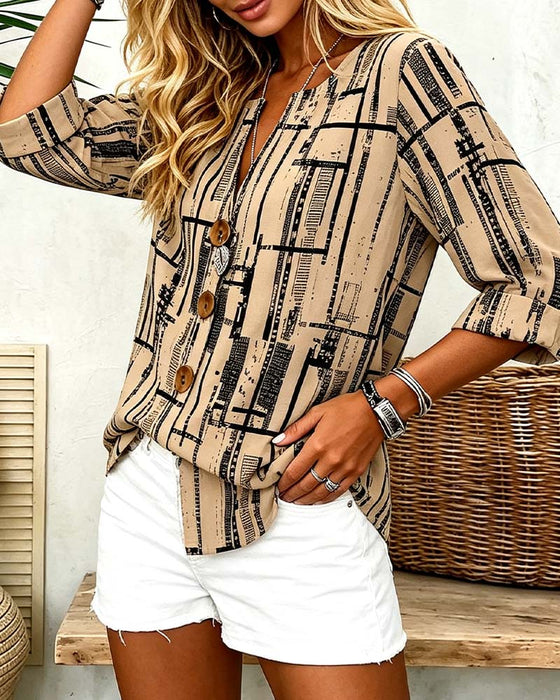 Bluse V-Hals Knappestang Stripet