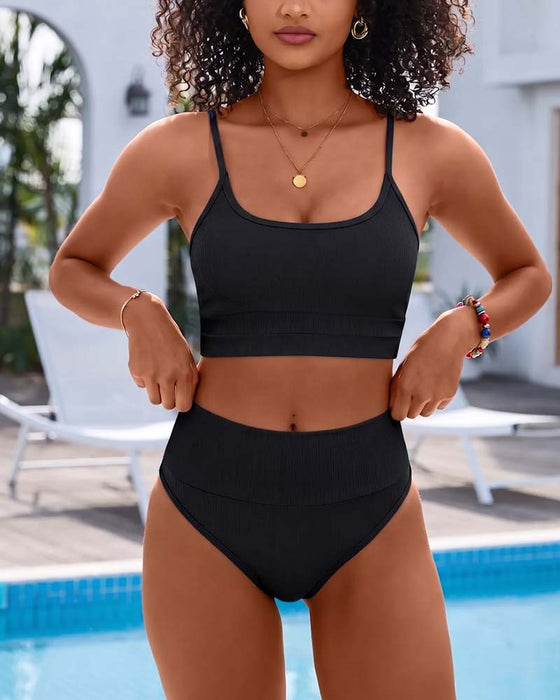 Bikini Solid U Hals Høy Midje