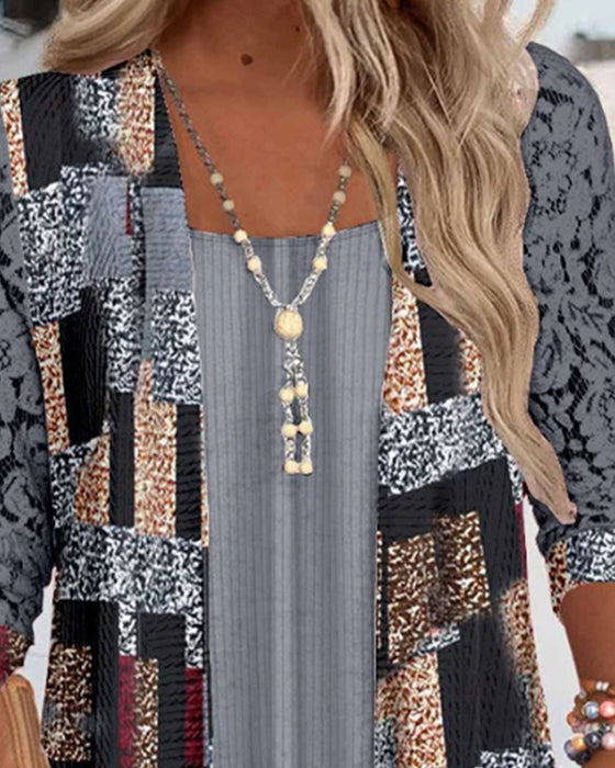 Langermet Bluse Med Print Og Falsk To-Delts Look