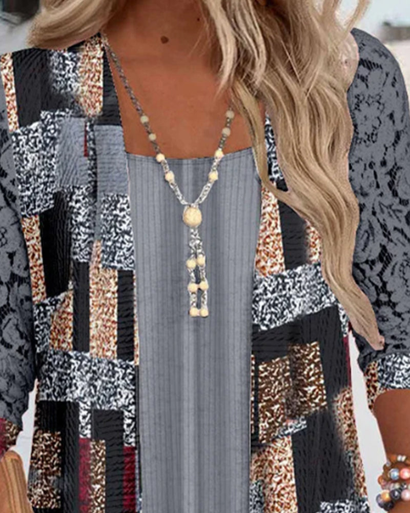 Langermet Bluse Med Print Og Falsk To-Delts Look