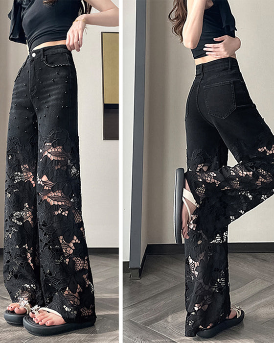 Jeans Dame Rhinestone Utklipp Bred Bein