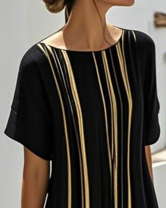 Kjole Rund Hals Stripe Sheer Full Skjørt