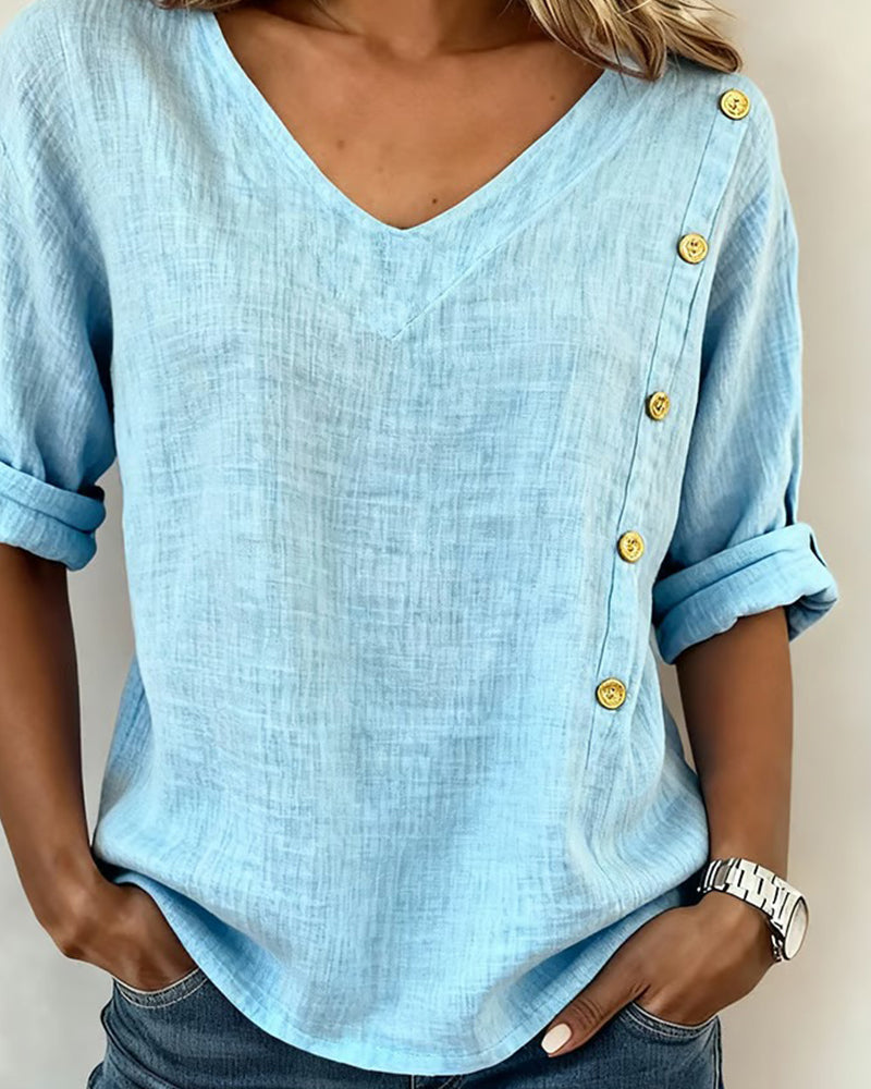 Bluse Bomull Knappdetalj V-hals