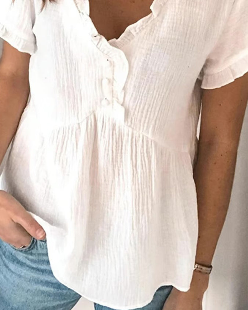 Blus Volang V-Hals Korte Ærmer