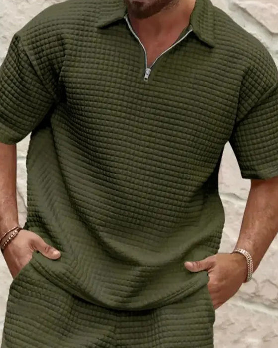Set Polo Krage Glidelås Vaffel Tekstur Shorts