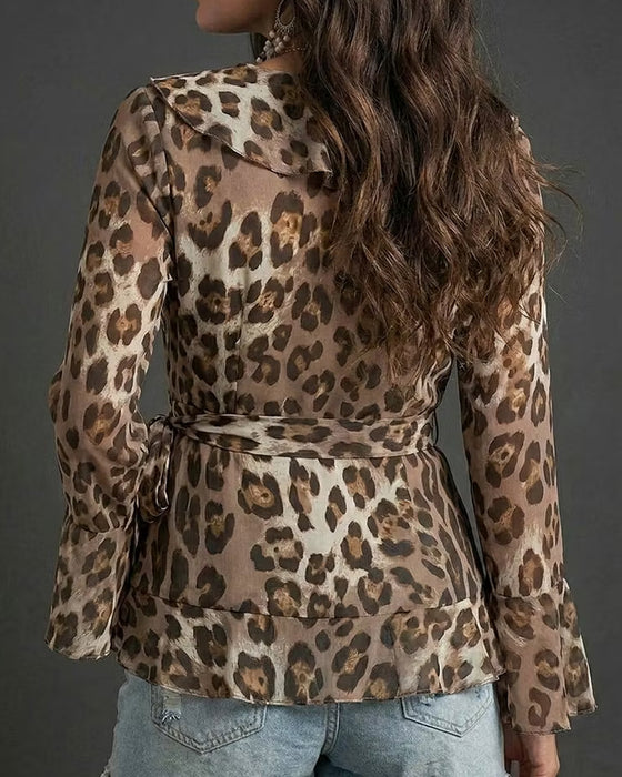 Bluse Ruffle Erme Leopard Trykk