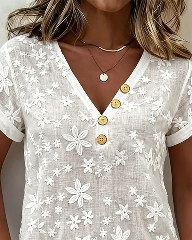 Bluse Ensfarget 3d-Blomstret V-Hals