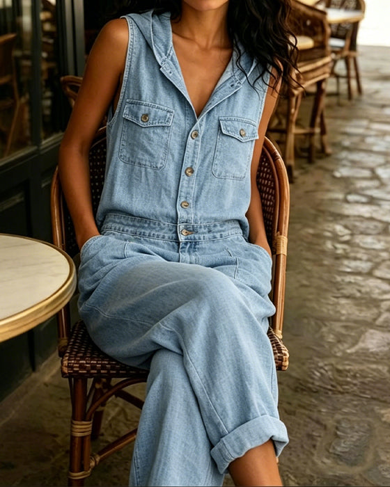 Jumpsuit I Vasket Denim Ermeløs Med Hette