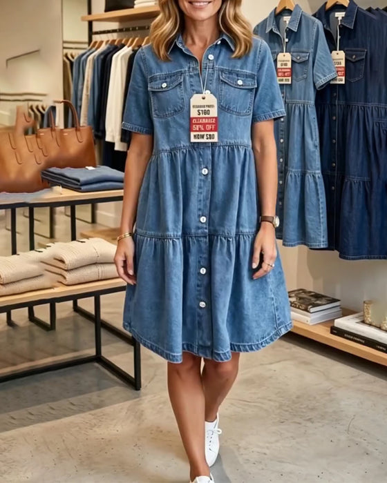 Kjole Denim Ruffle Lag Kort Erme