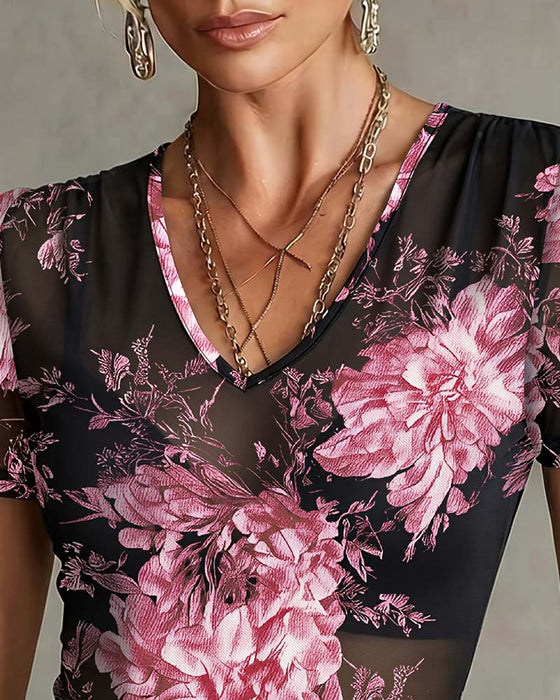T-Shirt Med V-Hals Og Blomstermønster Kort Erme