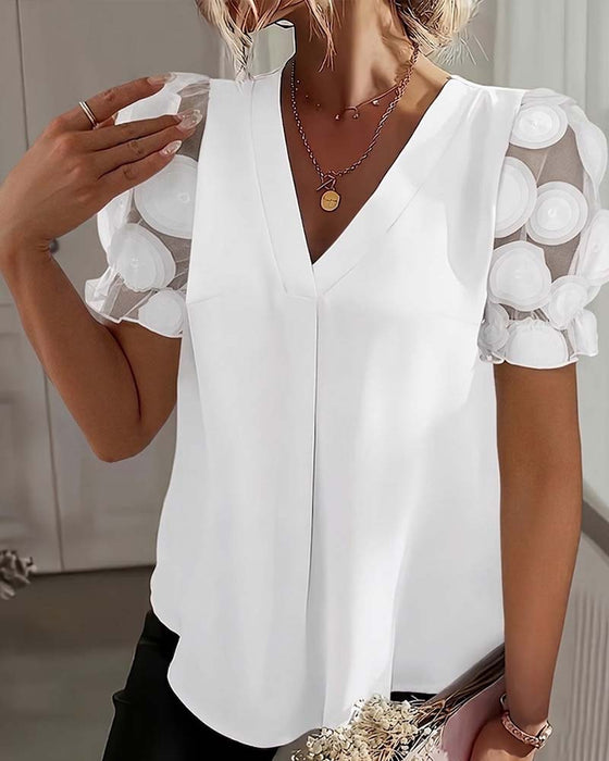 Bluse Pufferme Mesh V-Hals