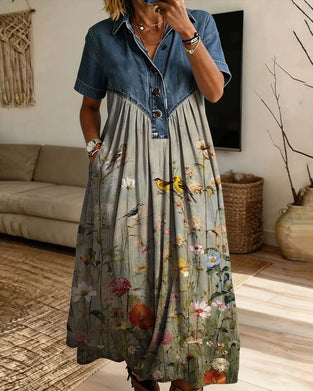 Kjole Skjortekrage Blomstret Denim Patchwork
