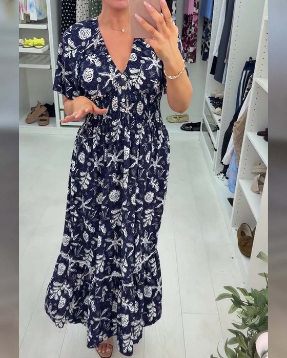 Kjole V-hals Løs Trykt Lang