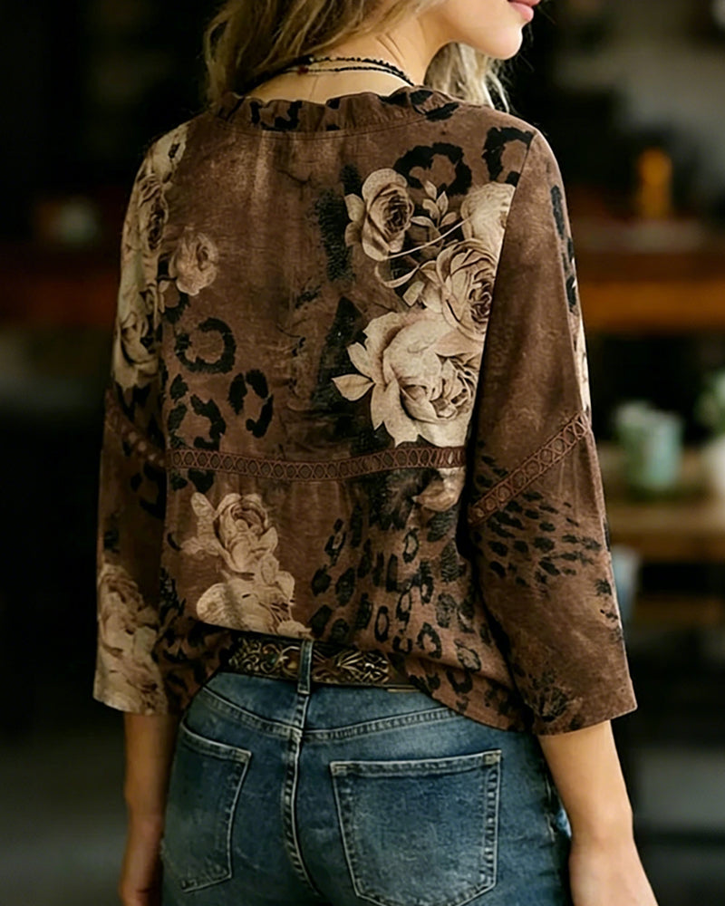 Bluse Rose Leopardtrykk Lappeteknikk