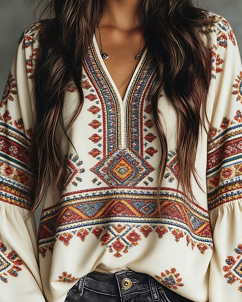 Bluse Etnisk Geometrisk Trykk Lanterne Erme