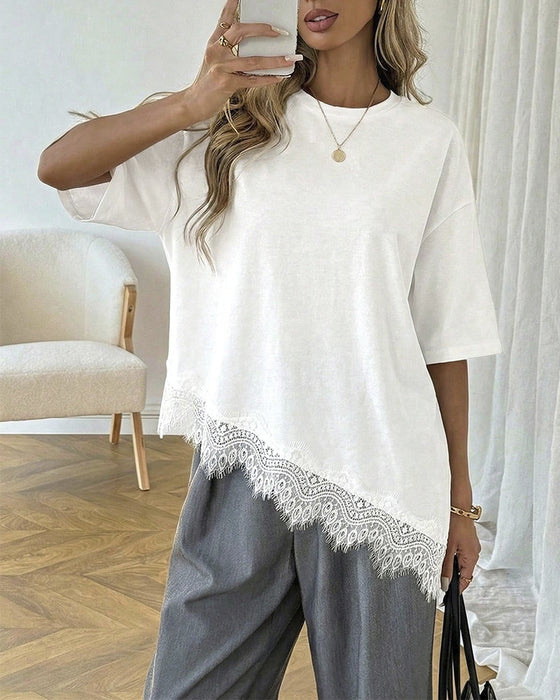 Bluse Asymmetrisk Blonde Sammensatt Kant Kortsermet