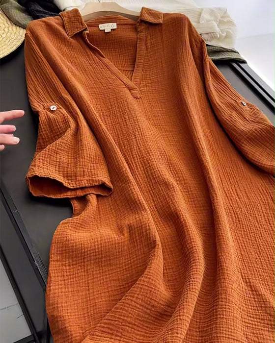 Kjole Langermet Ensfarget Enkel Krage