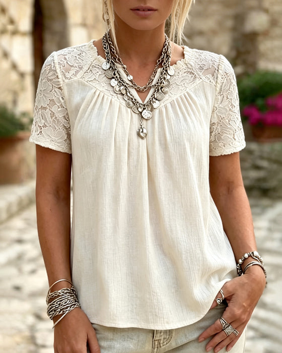 T-Shirt V-Hals Blonder Patchwork Kort Erme