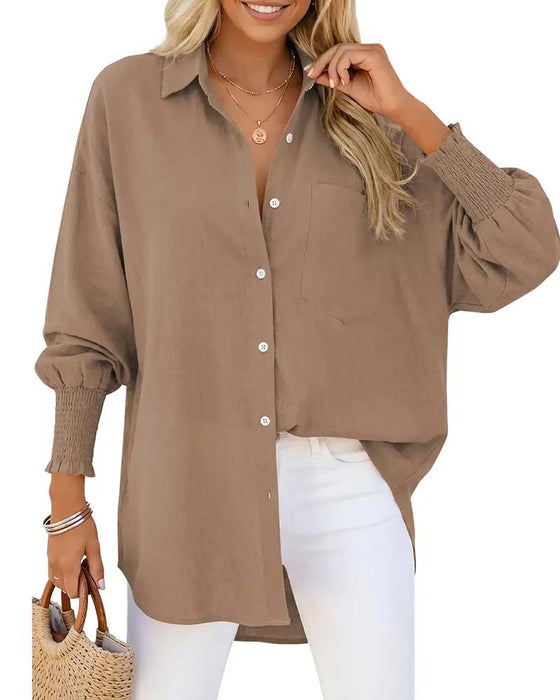Bluse Løs Lomme Ensfarget Elastisk-Erme