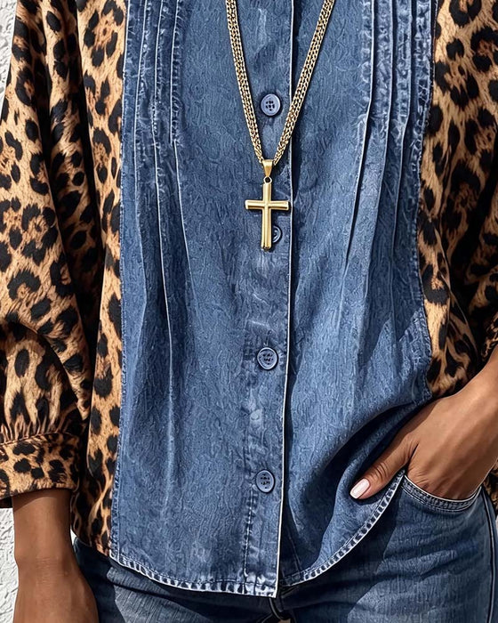 Bluse Rund Hals Knapp Leopard Denim Patchwork