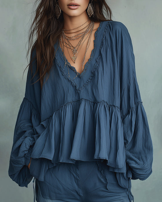 Bluse Bohemisk-Stil Vindermet V-Hals