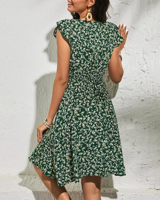 Kjole Rund Hals Elastisk Rynking Blomstret