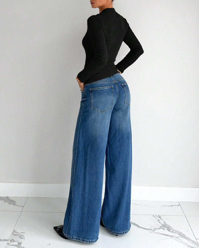 T-Skjorte Dame Lang Erm Ribbet Strikket Sving Front